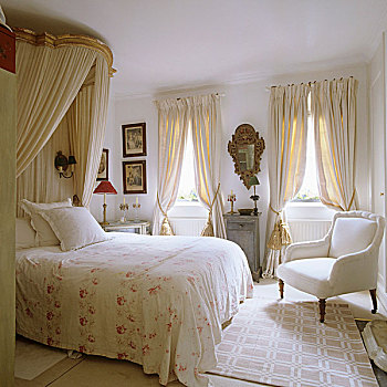 双人床,篷子,老式,扶手椅,白色,卧室