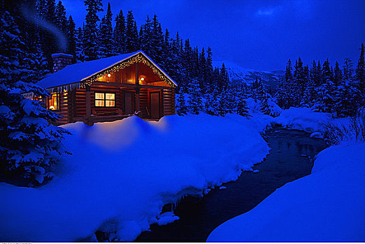 木屋,河流,冬天,黄昏