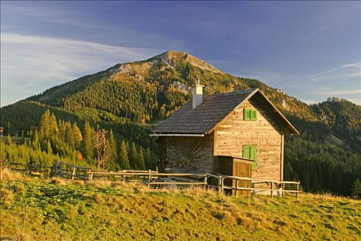 木质,小屋,高山,日落,施蒂里亚,奥地利