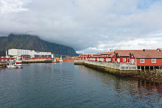 云,岩石,顶峰,特色,渔村,围绕,海洋,罗浮敦群岛,挪威,欧洲