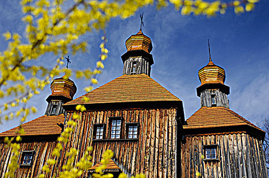 古老,木质,教堂,房子,蓝色,蓝天,乌克兰,东欧,春天,乡村,景色
