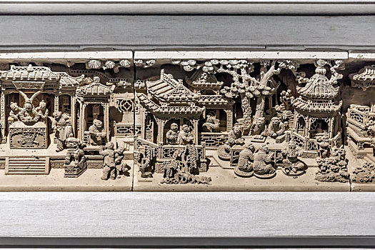 中国安徽博物院内清代百子图砖雕,徽派砖雕建筑构件
