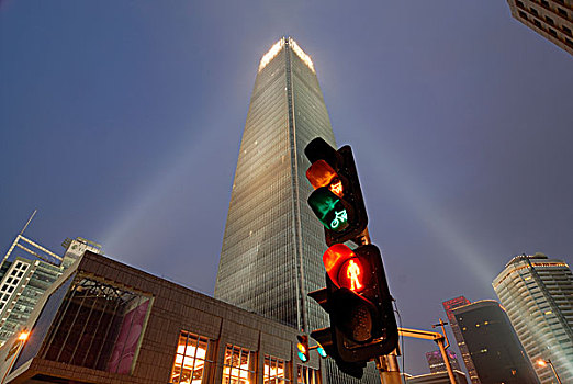 红色,黄色,绿色,交通,亮光,蓝色,钟点,正面,现代,摩天大楼,北京,国贸,地区,亚洲