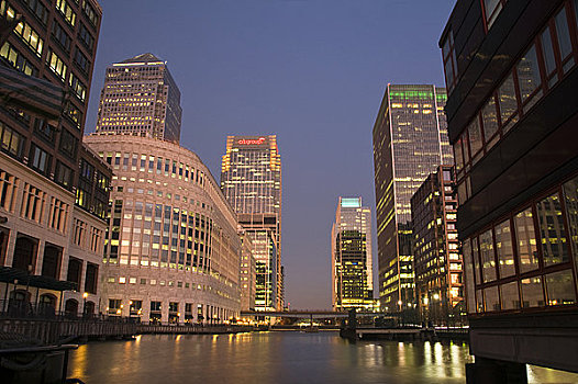 英格兰,伦敦,金丝雀码头,日落,金融区
