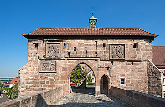 城堡,大门,两个,外套,手臂,中间,弗兰克尼亚,巴伐利亚,德国,欧洲