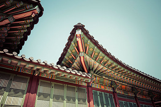 特写,传统,韩国,屋顶,彩色,装饰,古老,宫殿,庙宇,首尔
