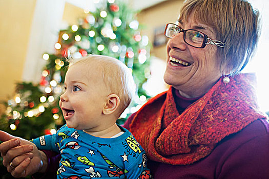 祖母,拿着,年轻,孙子,正面,圣诞树,笑,多伦多,安大略省,加拿大