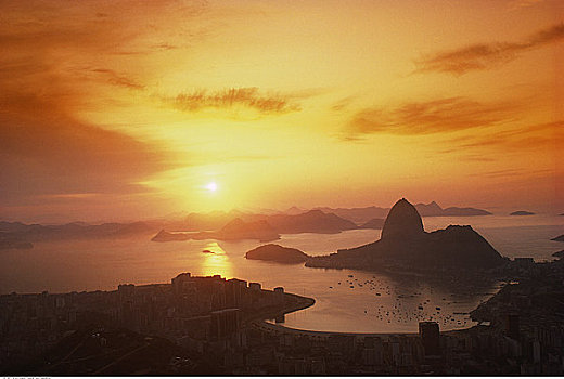 日落,俯视,城市,海洋,里约热内卢,巴西