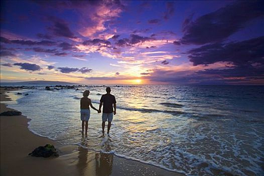 夏威夷,毛伊岛,海滩,剪影,伴侣,看,日落