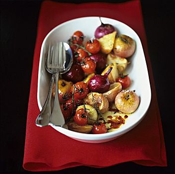 烤,小,苹果,洋葱,西红柿,药草