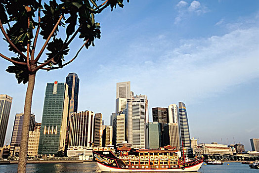 中国,帆船,正面,天际线,新加坡