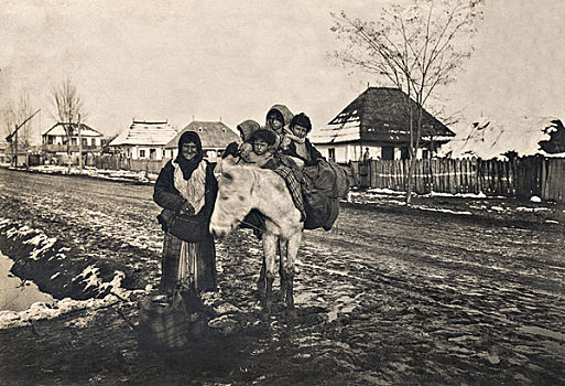 历史,照片,吉普赛,驴,四个孩子,乡村,罗马尼亚,欧洲