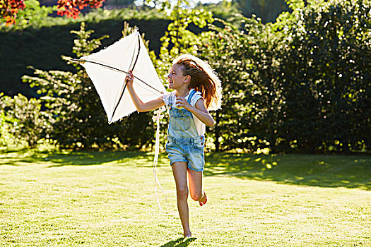 女孩,跑,风筝,晴朗,花园