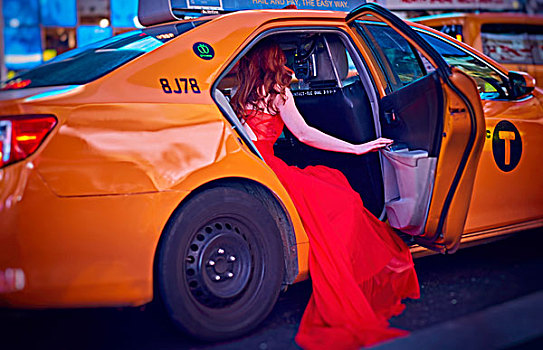美女,红裙,出租车,时代广场,纽约