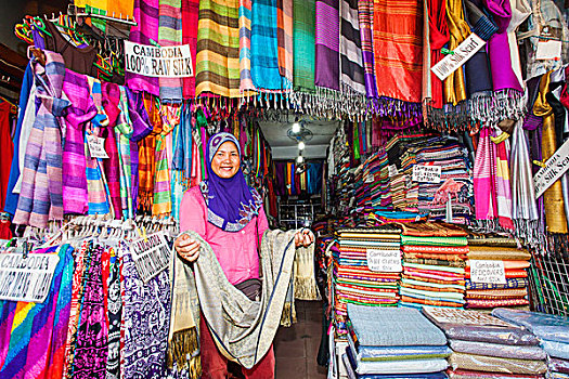 柬埔寨,收获,老,市场,女人,销售,丝绸,商品