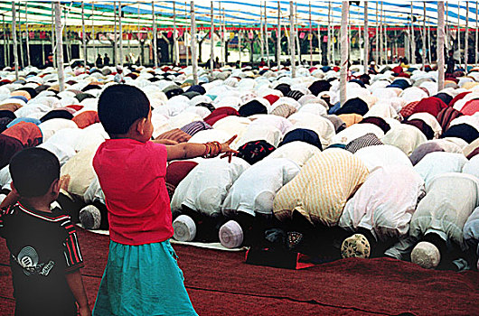 孩子,看,祈祷,清真寺,孟加拉,2007年
