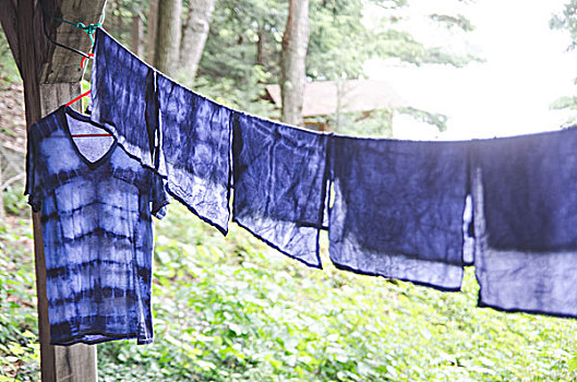 靛蓝,扎染衣物,t恤,餐巾,休闲,弄干,晾衣绳