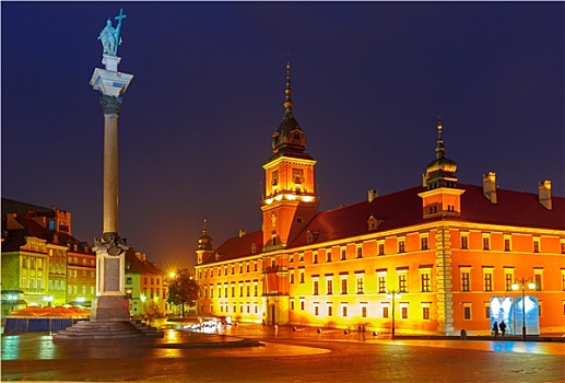 城堡广场,夜晚,华沙,波兰
