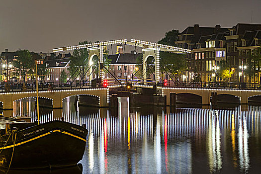 瘦桥,桥,上方,河,光亮,夜晚,阿姆斯特丹,北荷兰,荷兰