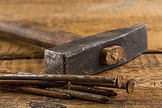 旧式,锤子,钉子,木头,背景