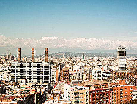 城市,风景,屋顶,蒙特足斯,山,巴塞罗那,西班牙