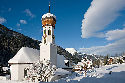 积雪,教堂,蒙塔丰,奥地利,欧洲