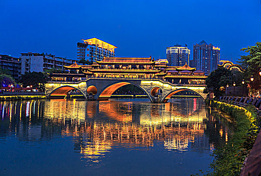安顺廊桥,成都府河,明清风格,城市夜景,成都