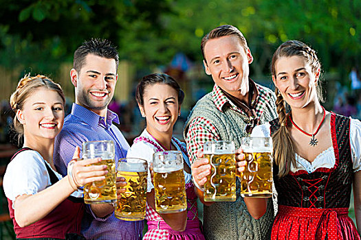 啤酒坊,朋友,阿尔斯村姑装,皮短裤,喝,清新,啤酒,巴伐利亚,德国