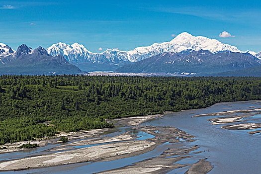 风景,南方,脸,山,麦金利山,河,前景,德纳里峰国家公园,阿拉斯加,美国