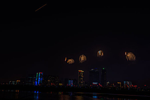 烟花,建筑群,河流,夜景,水,灯,节日