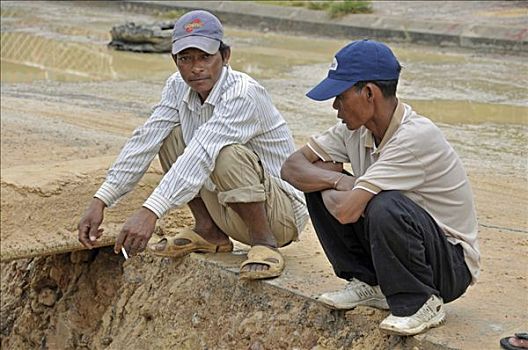 好奇,观众,道路,建筑工地,收获,柬埔寨,亚洲