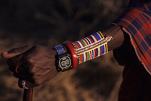肯尼亚,安伯塞利国家公园,马萨伊,男人,特写,手臂,首饰,现代,手表