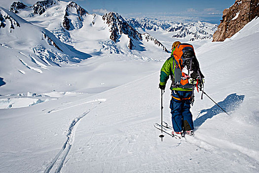 背包族,滑雪,冰河,顶峰,德纳里峰,远景,冬天,阿拉斯加