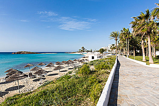 沙滩伞,海滩,胜地,石头,人行道,塞浦路斯