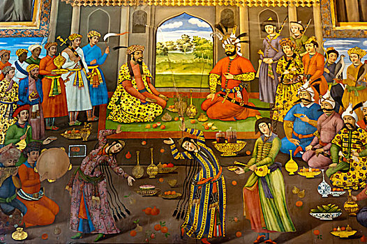 壁画,酒席,跳舞,女孩,沙阿,印度,莫卧尔王朝,帝王,柱子,宫殿,伊斯法罕,伊朗,亚洲