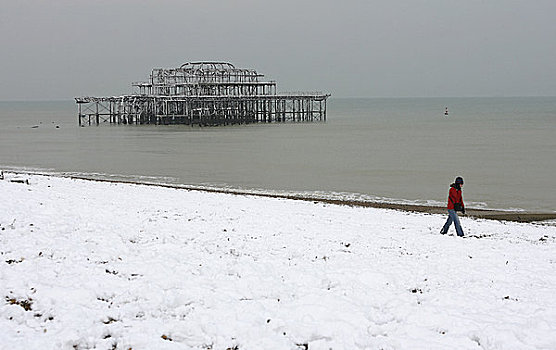 英格兰,萨默塞特,女人,走,积雪,海滩,远景,毁坏,码头