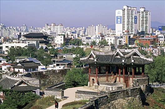 韩国,首尔,水原,华城行宫,要塞,墙壁,城市天际线