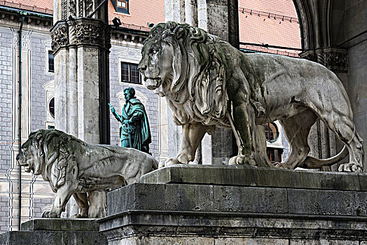 石狮,铜像,计算,慕尼黑,巴伐利亚,德国,欧洲