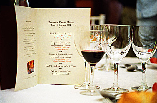 午餐,桌子,城堡,玛尔戈红葡萄酒,菜单,葡萄酒杯,红酒,梅克多葡萄酒,波尔多,阿基坦