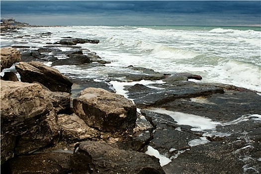 岩石,海岸线,重击,海浪