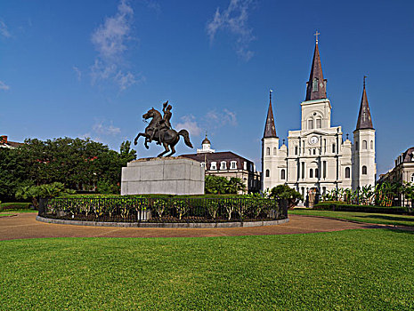 骑马雕像,正面,大教堂,杰克森广场,法国区,新奥尔良,路易斯安那,美国
