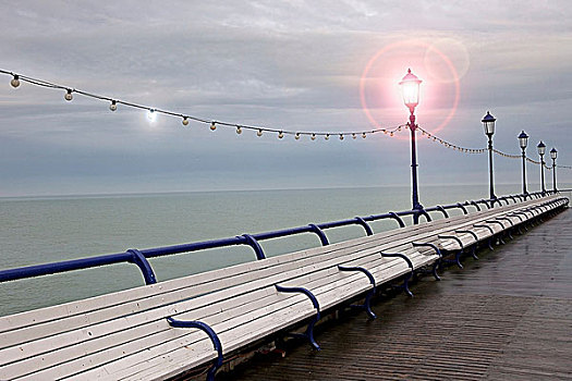 空,长椅,海边,码头,伊斯特本,东苏塞克斯,英国