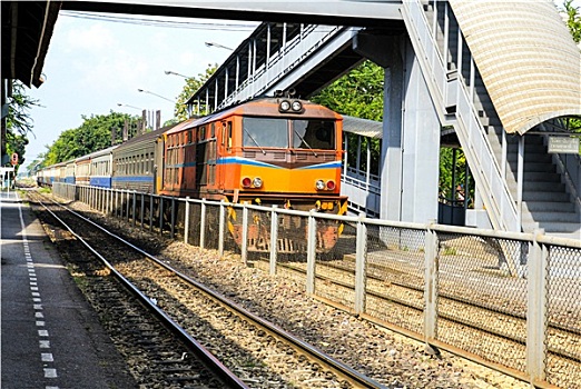 红色,橙色,列车,柴油,曼谷,火车站台,泰国