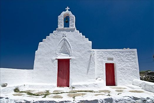 小,希腊,东正教堂,小教堂,前院,红色,木门,米克诺斯岛,基克拉迪群岛,欧洲