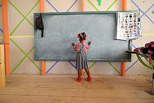 女孩,文字,黑板,学校,海地,北美