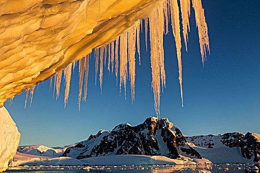 南极,日落,子夜太阳,冰柱,悬挂,巨大,冰山,雷麦瑞海峡