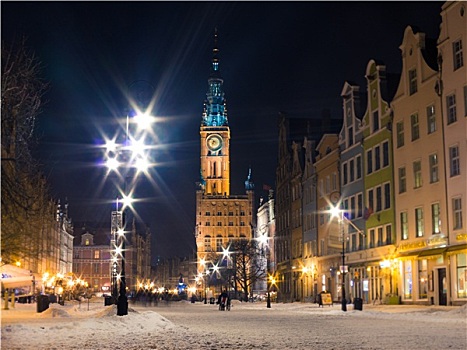市政厅,老城,格丹斯克,波兰,欧洲,冬天,夜晚,风景