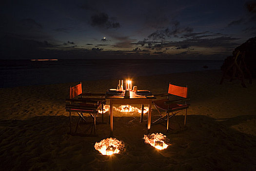 成套餐具,餐饭,海滩,夜晚,北方,马累环礁,马尔代夫