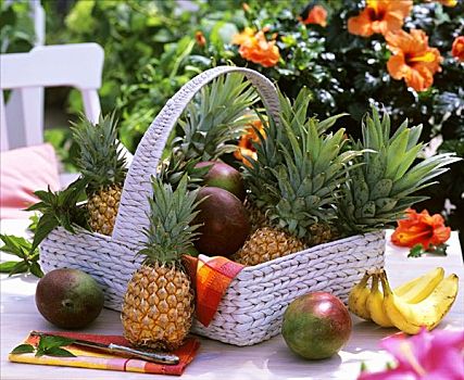 篮子,菠萝,芒果,花,木槿,背景