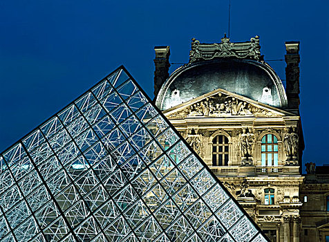 特写,玻璃金字塔,户外,卢浮宫,黄昏